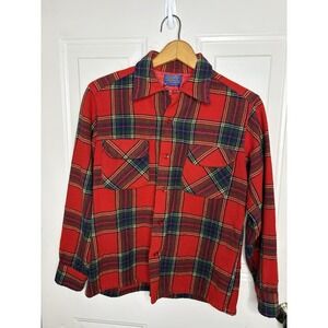 Vtg  1960s Pendleton M Red Tartan Plaid Wool Board Shirt Button Loop USA Surf